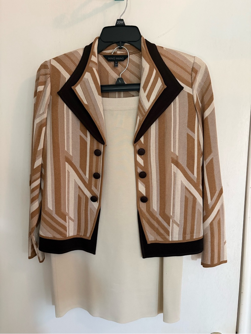 Miss Wang Women's Tan Geometric Knit Jacket and skirt